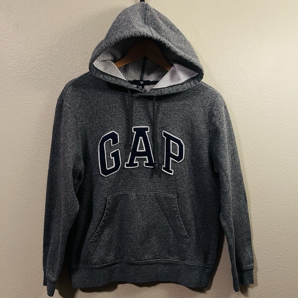 GAP‎ Logo Spell Out Hoodie Sweatshirt Pullover Gray Navy Basic Athleisure Size S